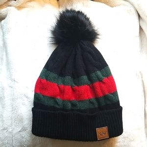 PANACHE Green & Red Striped Black Faux Fur Pompom Winter Hat / Beanie - NWOT